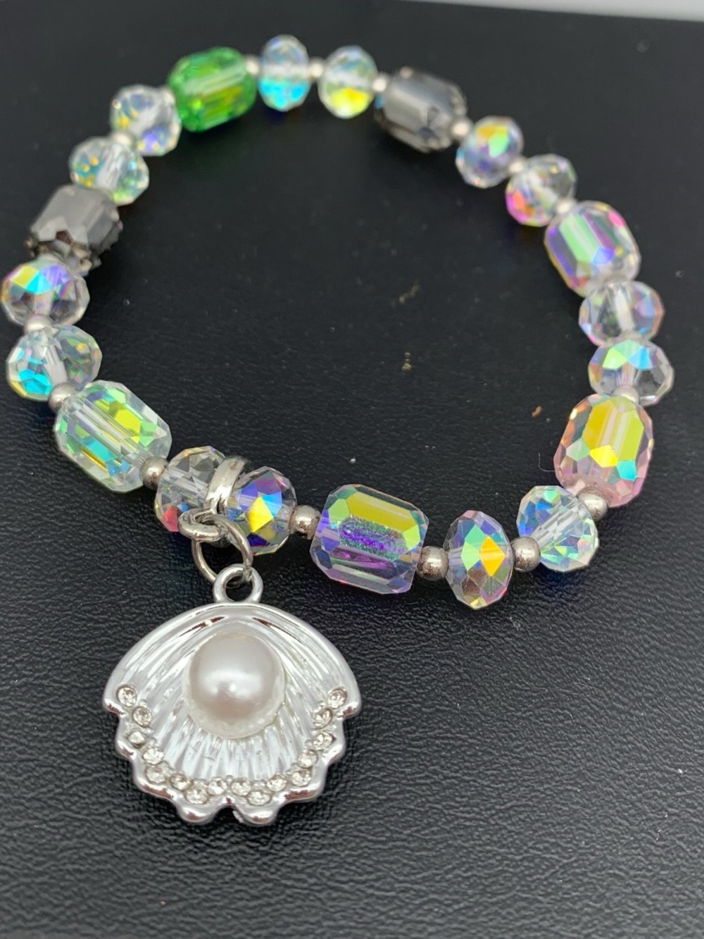 Iridescent AB Aurora Borealis Crystal Bead stretch Bracelet w Pearl Shell Charm